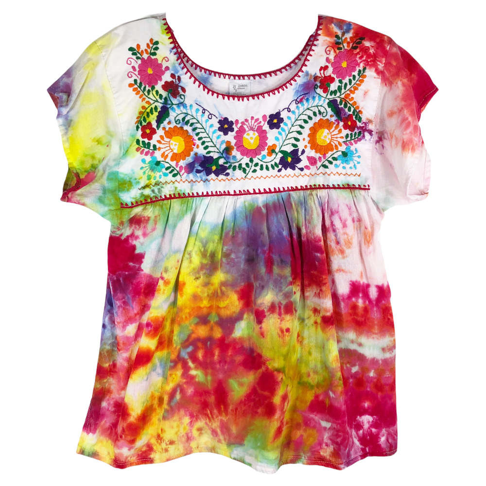 Zaros Medium Blouse Farm Flowers Tie Dye Handmade‎ Pink Orange Embroidered 391
